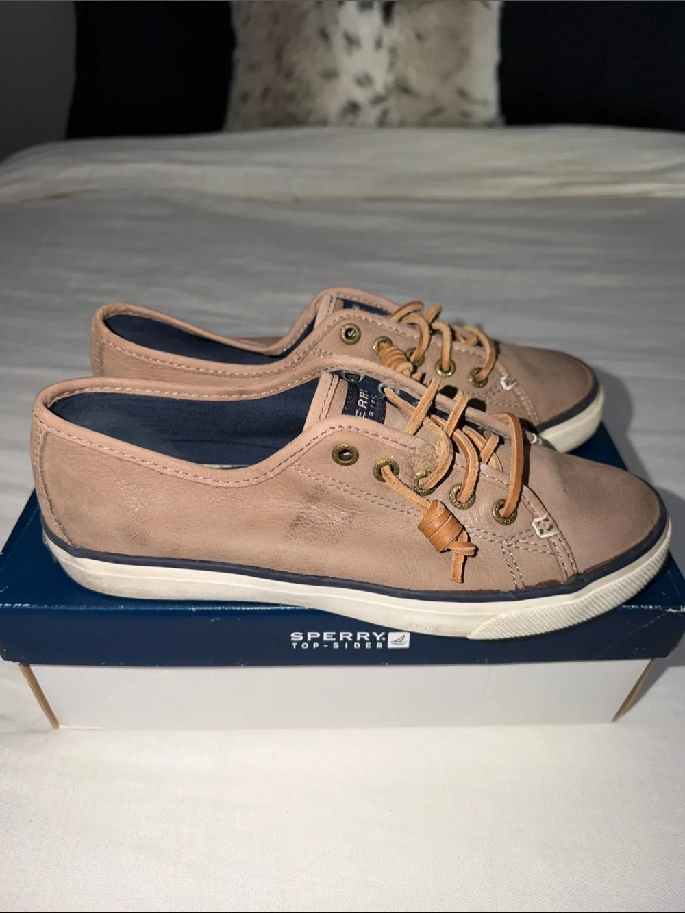Sperry Low-Top Leather Sneakers in Tan with Navy Trim